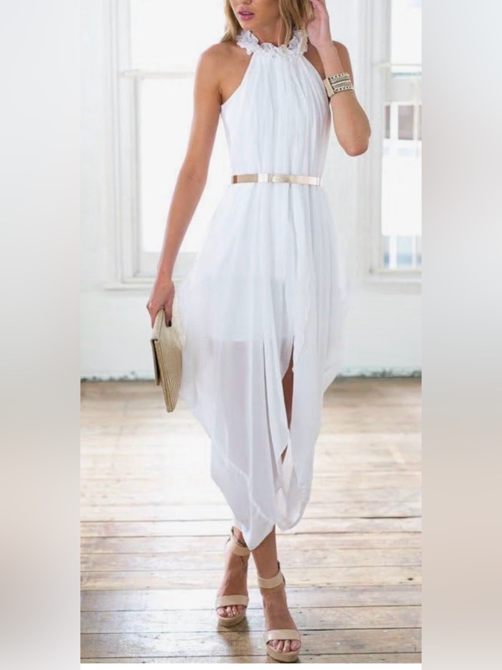 Chiffon High-Low Halter Maxi Dress in White with Metallic Belt